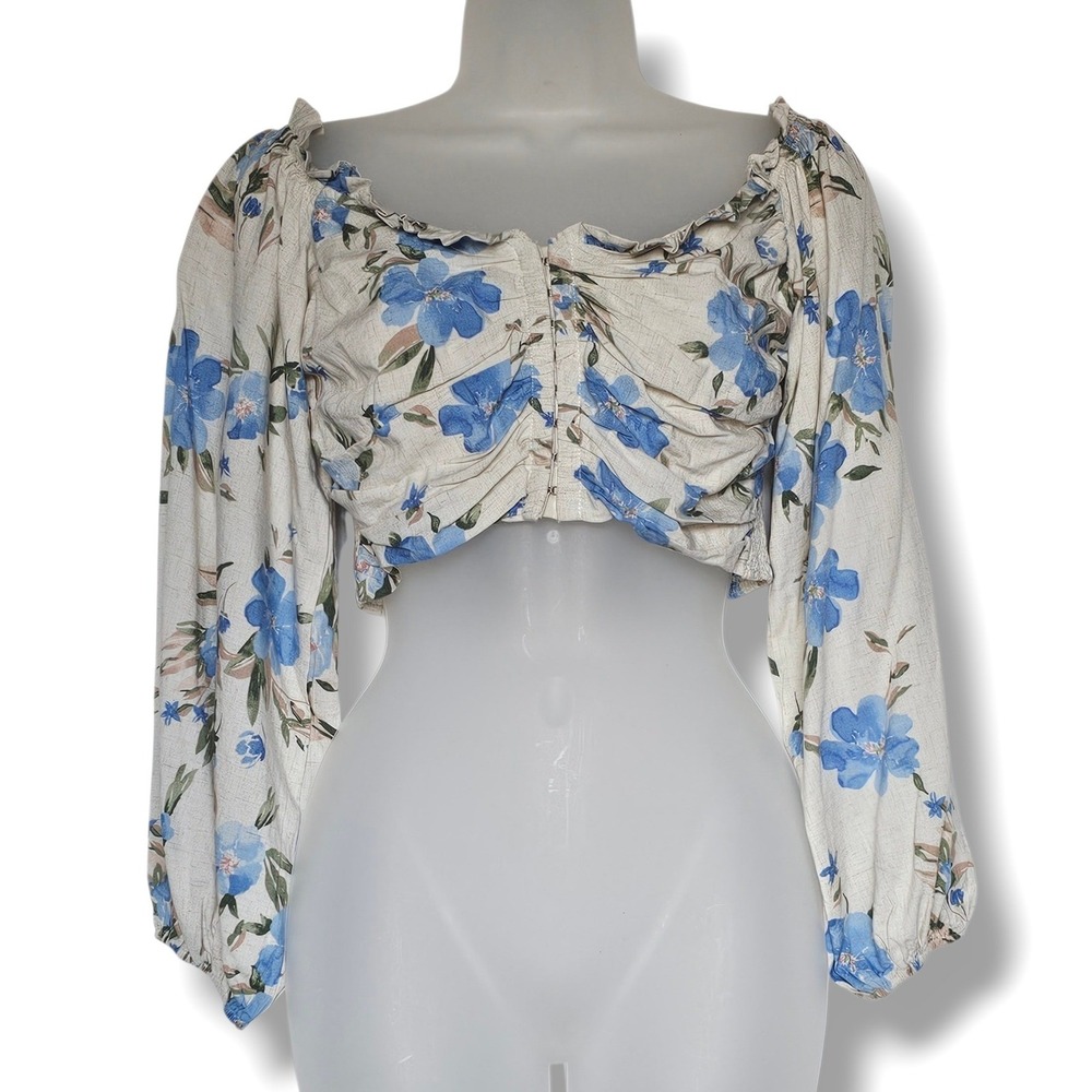 Privy Linen Crop Top L Women Milkmaid Beige Blue Floral Smocked Boho Cottage NEW
